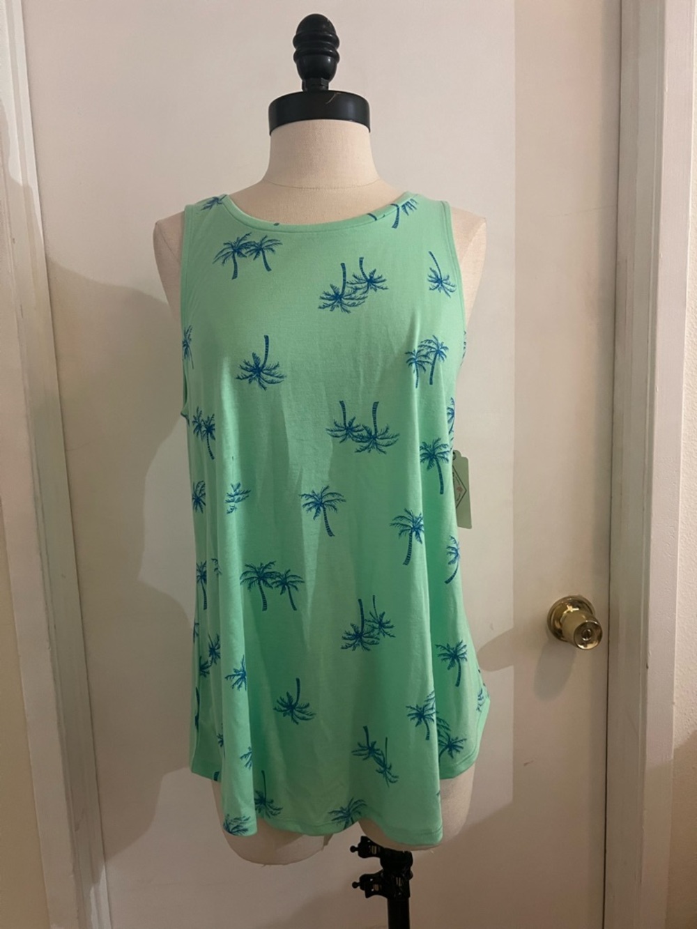 St. John's Bay Mint Green Tank with Blue Palm Print
